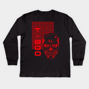 Terminator Skull - T-800 - Laser Grid Cyberpunk- ALL RED VERSION Kids Long Sleeve T-Shirt